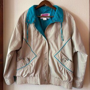 NWOT VTG 80s Innovations by Izzi Beige Jacket Windbreaker Teal Geometric Accents